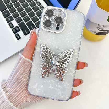 For iPhone 16 Pro Max Plating Glitter Texture Butterfly Holder TPU Phone Case with Lens Film(White Shell Grain) - iPhone 16 Pro Max Cases by buy2fix | Online Shopping UK | buy2fix