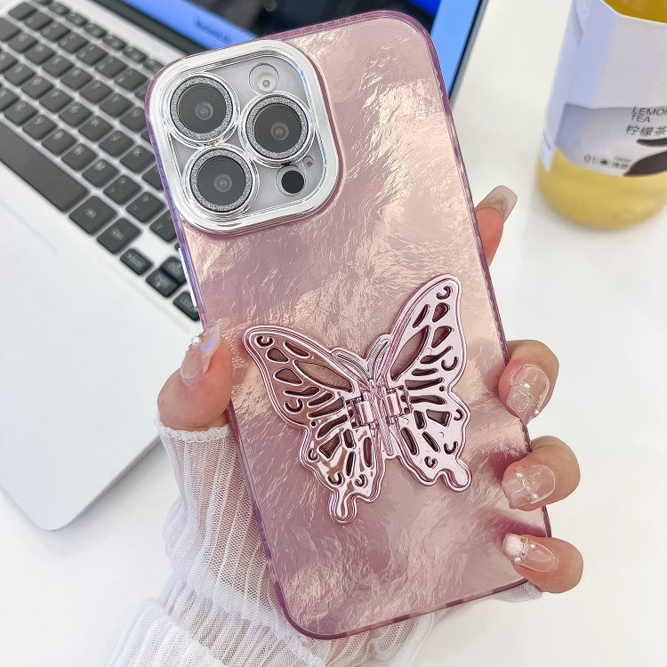 For iPhone 16 Pro Plating Glitter Texture Butterfly Holder TPU Phone Case with Lens Film(Pink Tinfoil Texture) - iPhone 16 Pro Cases by buy2fix | Online Shopping UK | buy2fix