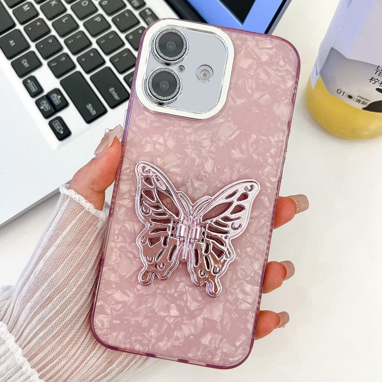 For iPhone 16 Plus Plating Glitter Texture Butterfly Holder TPU Phone Case with Lens Film(Pink Shell Pattern) - iPhone 16 Plus Cases by buy2fix | Online Shopping UK | buy2fix