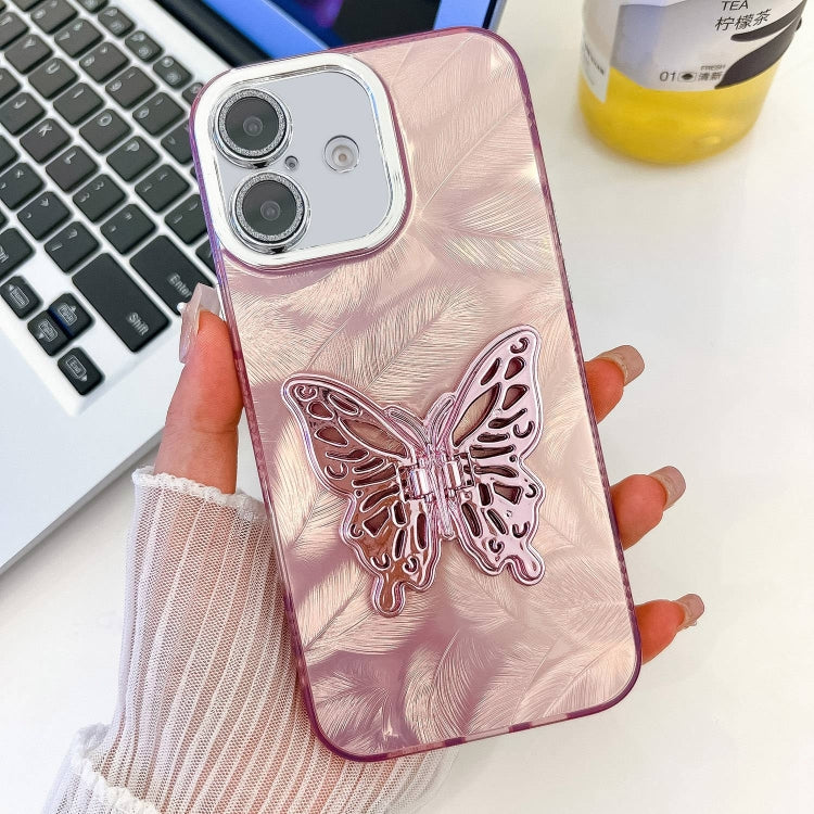 For iPhone 16 Plus Plating Glitter Texture Butterfly Holder TPU Phone Case with Lens Film(Pink Feathers) - iPhone 16 Plus Cases by buy2fix | Online Shopping UK | buy2fix