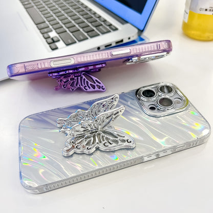 For iPhone 16 Pro Plating Glitter Texture Butterfly Holder TPU Phone Case with Lens Film(White Feather Yarn) - iPhone 16 Pro Cases by buy2fix | Online Shopping UK | buy2fix