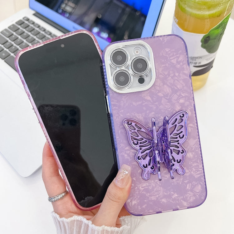 For iPhone 16 Plus Plating Glitter Texture Butterfly Holder TPU Phone Case with Lens Film(White Water Ripples) - iPhone 16 Plus Cases by buy2fix | Online Shopping UK | buy2fix