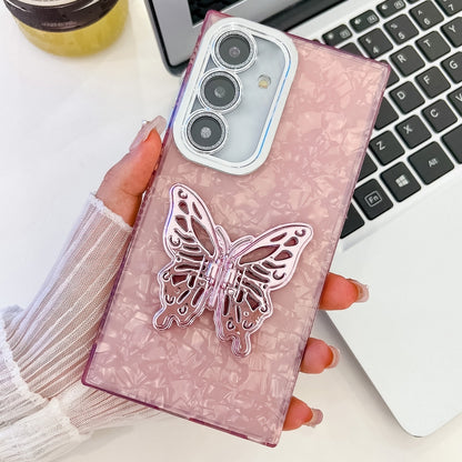 For Samsung Galaxy S25+ 5G Plating Glitter Texture Butterfly Holder TPU Phone Case with Lens Film(Pink Shell Pattern) - Galaxy S25+ 5G Cases by buy2fix | Online Shopping UK | buy2fix