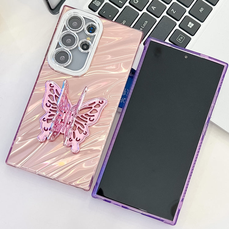 For Samsung Galaxy S25+ 5G Plating Glitter Texture Butterfly Holder TPU Phone Case with Lens Film(Pink Shell Pattern) - Galaxy S25+ 5G Cases by buy2fix | Online Shopping UK | buy2fix