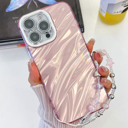 For iPhone 16 Pro Max Plating Glitter Texture Chain Wristband TPU Phone Case with Lens Film(Pink Water Ripples) - iPhone 16 Pro Max Cases by buy2fix | Online Shopping UK | buy2fix