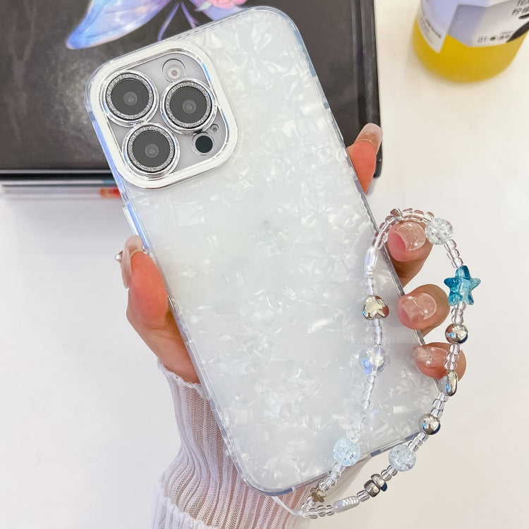 For iPhone 16 Pro Max Plating Glitter Texture Chain Wristband TPU Phone Case with Lens Film(White Shell Pattern) - iPhone 16 Pro Max Cases by buy2fix | Online Shopping UK | buy2fix