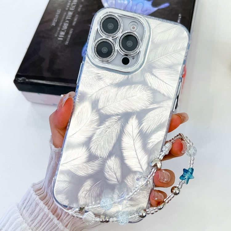 For iPhone 16 Pro Plating Glitter Texture Chain Wristband TPU Phone Case with Lens Film(White Feathers) - iPhone 16 Pro Cases by buy2fix | Online Shopping UK | buy2fix