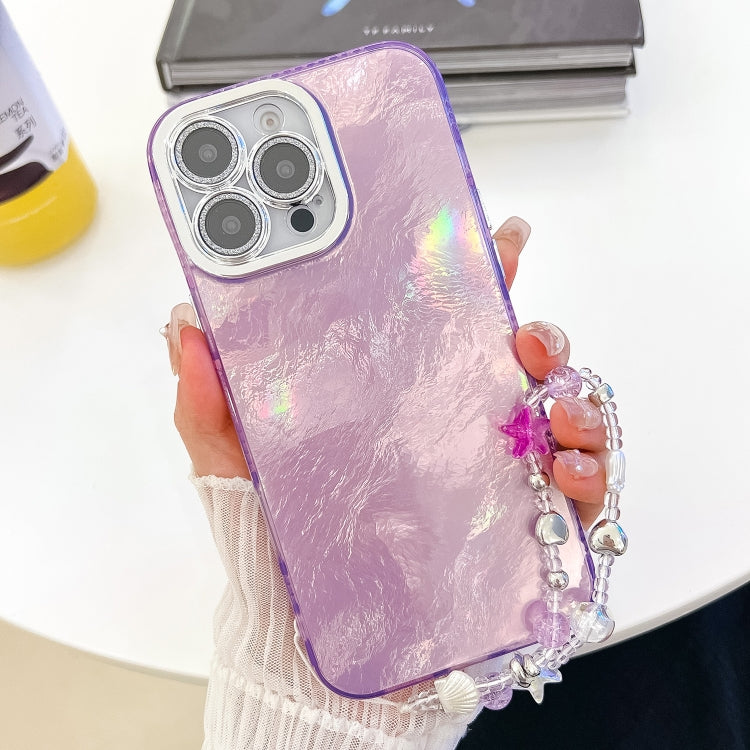 For iPhone 16 Plating Glitter Texture Chain Wristband TPU Phone Case with Lens Film(Purple Tinfoil Texture) - iPhone 16 Cases by buy2fix | Online Shopping UK | buy2fix