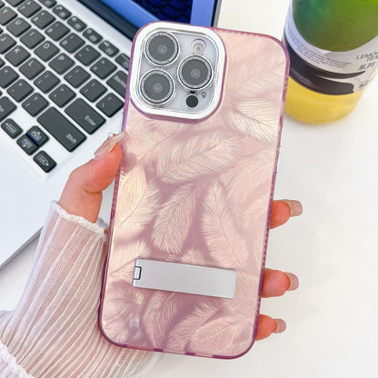 For iPhone 16 Pro Plating Glitter Texture Fold Holder TPU Phone Case with Lens Film(Pink Feathers) - iPhone 16 Pro Cases by buy2fix | Online Shopping UK | buy2fix