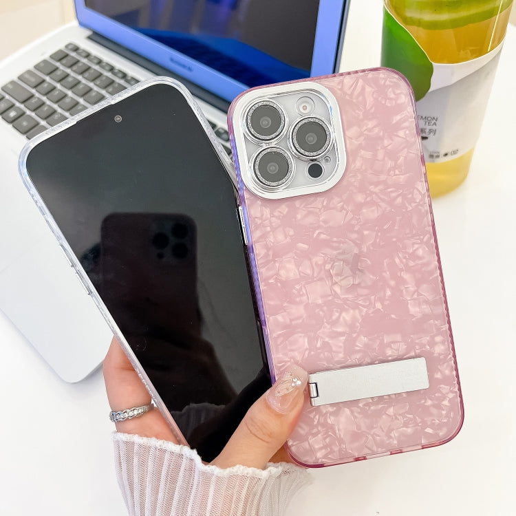 For iPhone 16 Pro Max Plating Glitter Texture Fold Holder TPU Phone Case with Lens Film(Pink Tinfoil Texture) - iPhone 16 Pro Max Cases by buy2fix | Online Shopping UK | buy2fix