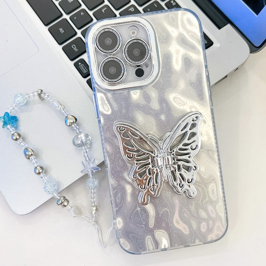 For iPhone 16 Pro Max Plating Glitter Lens Film Texture Butterfly Holder Wristband Phone Case(White Wrinkles) - iPhone 16 Pro Max Cases by buy2fix | Online Shopping UK | buy2fix