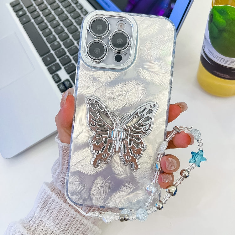 For iPhone 16 Pro Plating Glitter Lens Film Texture Butterfly Holder Wristband Phone Case(White Feathers) - iPhone 16 Pro Cases by buy2fix | Online Shopping UK | buy2fix