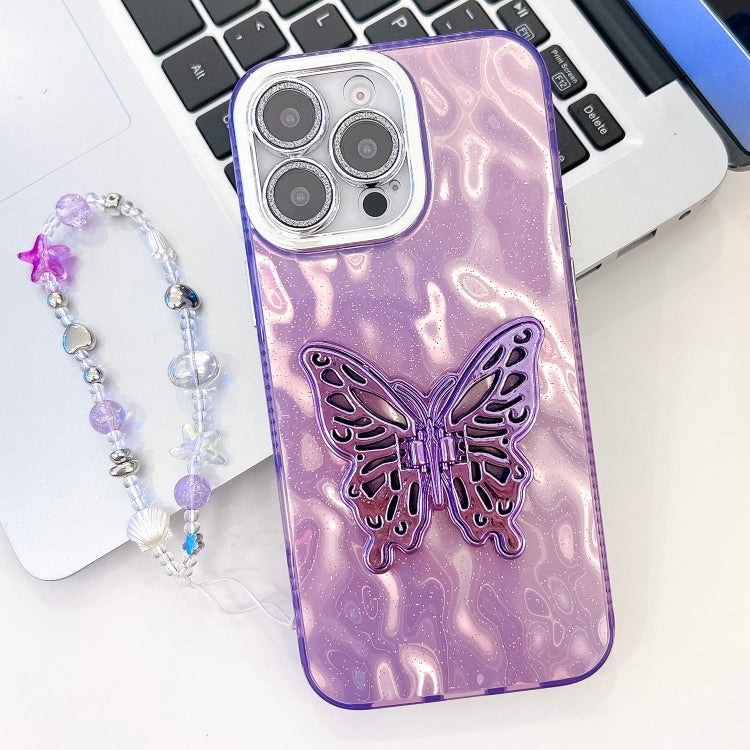 For iPhone 16 Pro Plating Glitter Lens Film Texture Butterfly Holder Wristband Phone Case(Purple Wrinkles) - iPhone 16 Pro Cases by buy2fix | Online Shopping UK | buy2fix