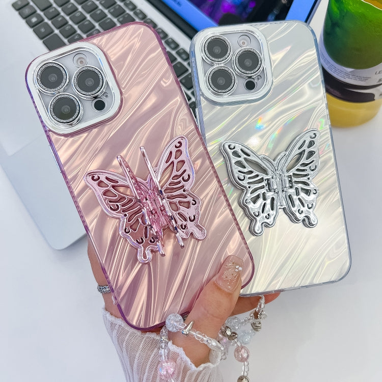 For iPhone 16 Plus Plating Glitter Lens Film Texture Butterfly Holder Wristband Phone Case(Purple Tinfoil Texture) - iPhone 16 Plus Cases by buy2fix | Online Shopping UK | buy2fix