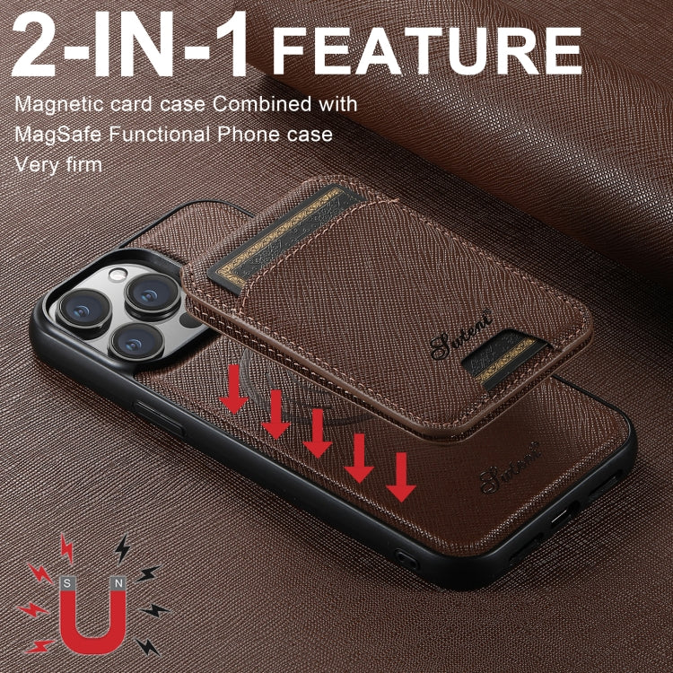 For iPhone 14 Plus Suteni H18 Cross Grain MagSafe Wallet Leather Phone Case(Brown) - iPhone 14 Plus Cases by Suteni | Online Shopping UK | buy2fix