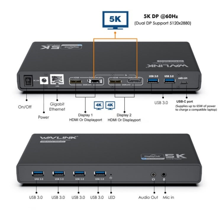 WAVLINK UG69PD6 Dual 4K Laptop Docking Station 5K HD Displaylink 65 / 100W PD Charging, Plug:EU Plug -  by WAVLINK | Online Shopping UK | buy2fix