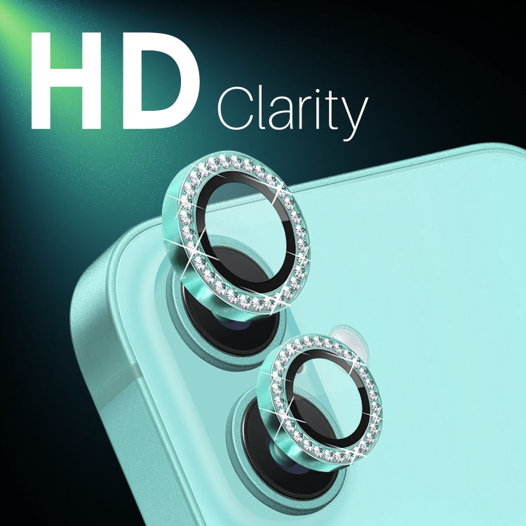 For iPhone 16 / 16 Plus NORTHJO Rhinestone Camera Lens Protector Tempered Glass Metal Ring Film(Cyan) - iPhone 16 Tempered Glass by NORTHJO | Online Shopping UK | buy2fix