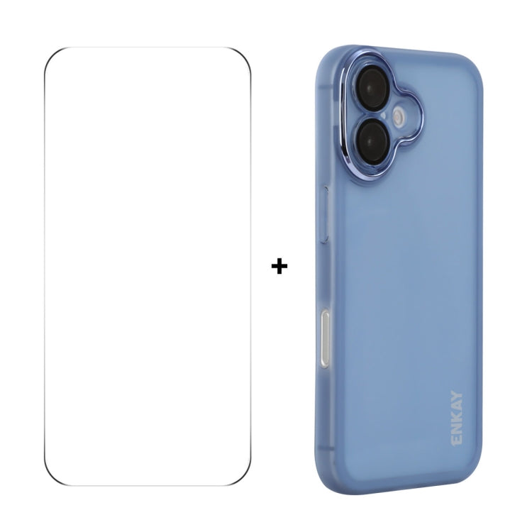 For iPhone 16 ENKAY Hat-Prince Translucent Matte TPU Phone Case with Lens Film + 9H Big Arc Edge Film(Blue) - iPhone 16 Cases by ENKAY | Online Shopping UK | buy2fix