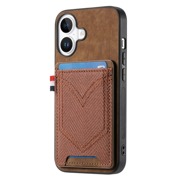 For iPhone 16 Plus Denim Texture Leather Skin Phone Case with Card Slot(Brown) - iPhone 16 Plus Cases by buy2fix | Online Shopping UK | buy2fix