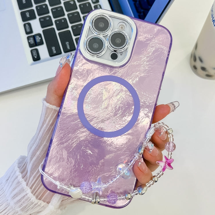 For iPhone 16 Pro Plating Texture Wristband MagSafe TPU Phone Case with Glitter Lens Film(Purple Tinfoil Texture) - iPhone 16 Pro Cases by buy2fix | Online Shopping UK | buy2fix