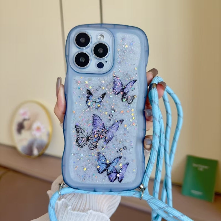 For iPhone 16 Pro Crossbody Wave Edge Butterfly TPU Phone Case(Blue) - iPhone 16 Pro Cases by buy2fix | Online Shopping UK | buy2fix