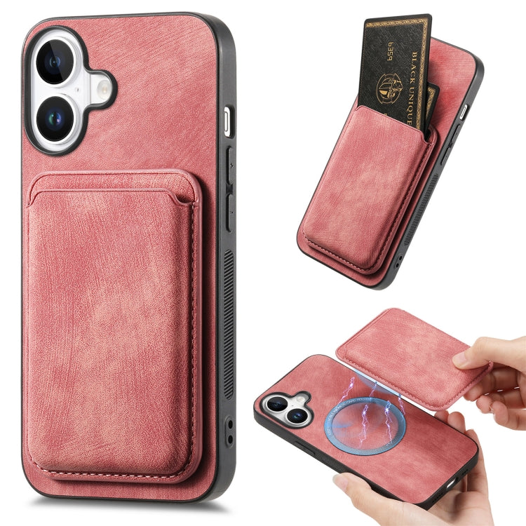 For iPhone 16 Retro Leather Card Bag Magnetic Phone Case(Pink) - iPhone 16 Cases by buy2fix | Online Shopping UK | buy2fix