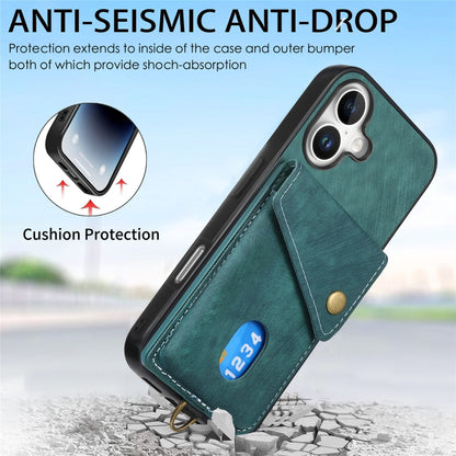 For iPhone 16 Retro Card Wallet Fold Leather Phone Case with Strap(Green) - iPhone 16 Cases by buy2fix | Online Shopping UK | buy2fix