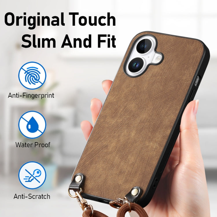 For iPhone 16 Plus Vintage Leather PC Back Cover Phone Case with Crossbody Strap(Brown) - iPhone 16 Plus Cases by buy2fix | Online Shopping UK | buy2fix