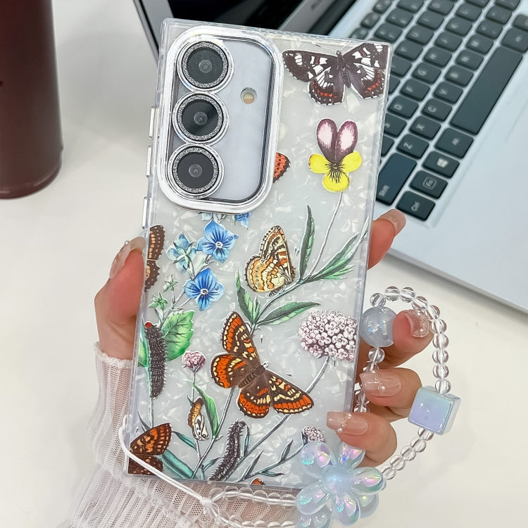 For Samsung Galaxy S25 5G Electroplating Flowers Plants Texture Wristband TPU Phone Case(Butterfly Love Flower FL17) - Galaxy S25 5G Cases by buy2fix | Online Shopping UK | buy2fix