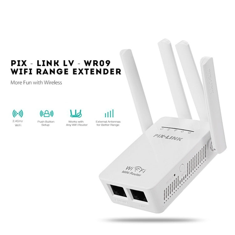 PIX-LINK LV-WR09 300Mbps WiFi Range Extender Repeater Mini Router(EU Plug) - Wireless Routers by buy2fix | Online Shopping UK | buy2fix