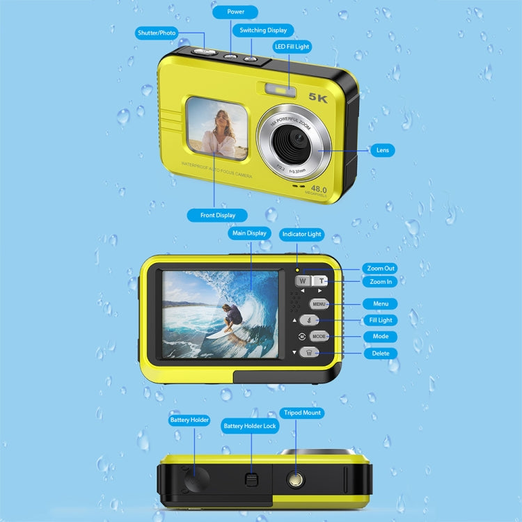 WDC901 3.5m Waterproof 48MP HD Dual Screen Outdoor Sports Digital Camera EU Plug(Yellow) - Children Cameras by buy2fix | Online Shopping UK | buy2fix