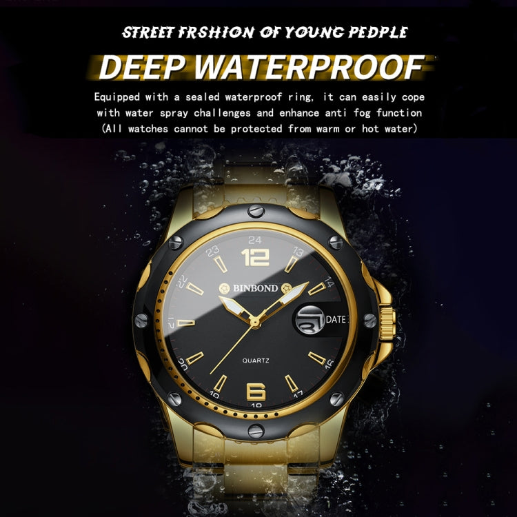 BINBOND B9696 Outdoor Calendar Luminous Waterproof Quartz Watch, Color: Full Gold-Black-Gold Nail - Metal Strap Watches by BINBOND | Online Shopping UK | buy2fix