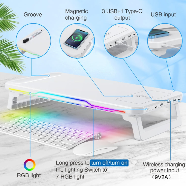 RGB Computer Monitor Stand Riser 3 USB 2.0 +1 Type-C Ports, Spec: Basic White - Laptop Stand by buy2fix | Online Shopping UK | buy2fix