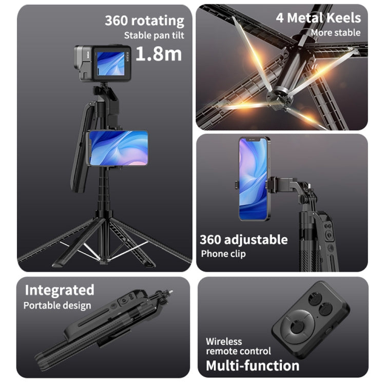 1.8m Smart Face Tracking Selfie Stick 4-axis Anti-shake Tripod with Remote Control With Single Fill Light - Selfie Sticks by buy2fix | Online Shopping UK | buy2fix