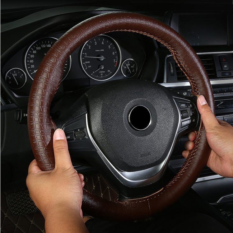 38cm Four-season Embossed Cowhide Hand-sewn Steering Wheel Cover(Wine Red) - Steering Wheel Accessories by buy2fix | Online Shopping UK | buy2fix