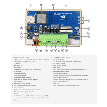 Waveshare ESP32-S3 4.3inch 800×480 Touch LCD Development Board without Case - LCD & LED Display Module by Waveshare | Online Shopping UK | buy2fix