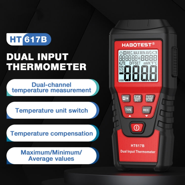 HABOTEST HT617B Digital Dual Channel Thermocouple Thermometer(Black Red) - Thermostat & Thermometer by HABOTEST | Online Shopping UK | buy2fix