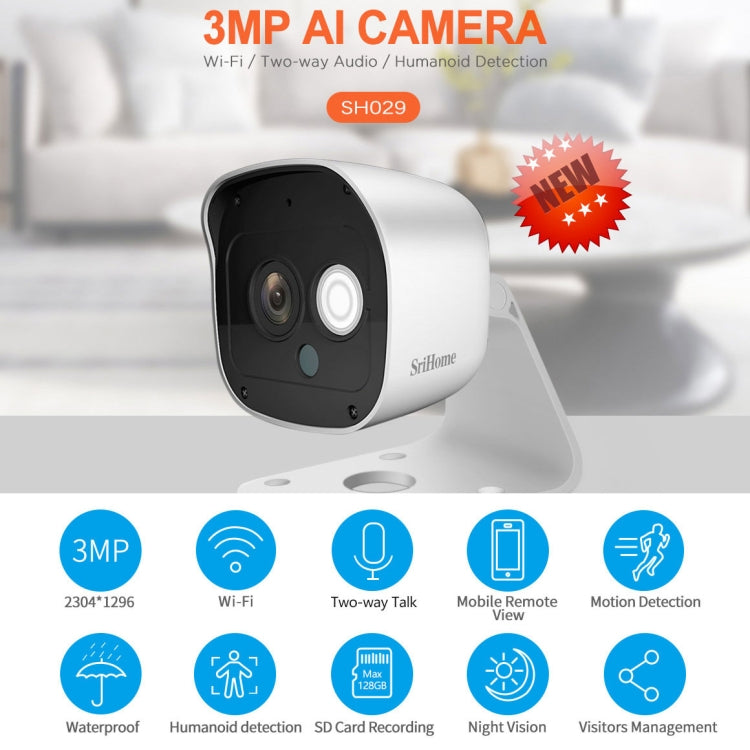 SriHome SH029 3.0 Million Pixels 1296P HD AI Camera, Support Two Way Talk / Motion Detection / Humanoid Detection / Night Vision / TF Card, EU Plug - Security by SriHome | Online Shopping UK | buy2fix