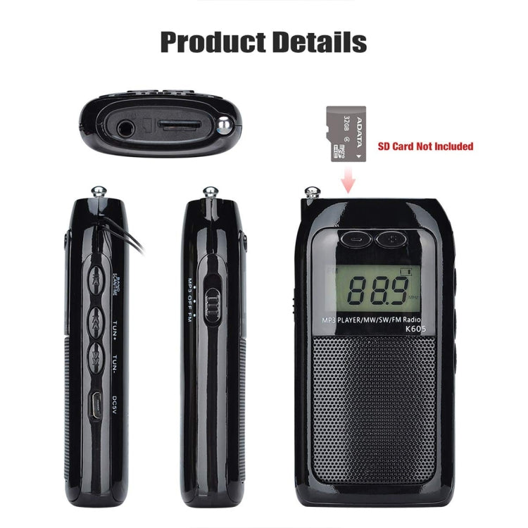 K-605 Portable FM / AM / SW Full Band Stereo Radio, Support TF Card (Black) - Radio Player by buy2fix | Online Shopping UK | buy2fix