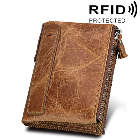 Genuine Cowhide Leather Crazy Horse Texture Dual Zipper Short Style Card Holder Wallet RFID Blocking Card Bag Protect Case for Men, Size: 12.1*9.4*2.7cm(Taupe) - Antimagnetic RFID Package by buy2fix | Online Shopping UK | buy2fix