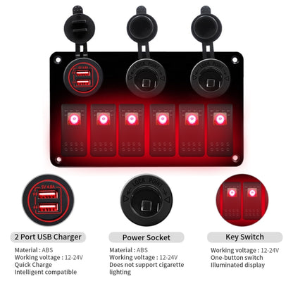 Multi-functional Combination Switch Panel 12V / 24V 6 Way Switches + Dual USB Charger for Car RV Marine Boat (Red Light) - In Car by buy2fix | Online Shopping UK | buy2fix