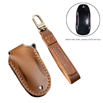 Hallmo Car Cowhide Leather Key Protective Cover Key Case for Tesla Model 3 B Style(Brown) -  by Hallmo | Online Shopping UK | buy2fix