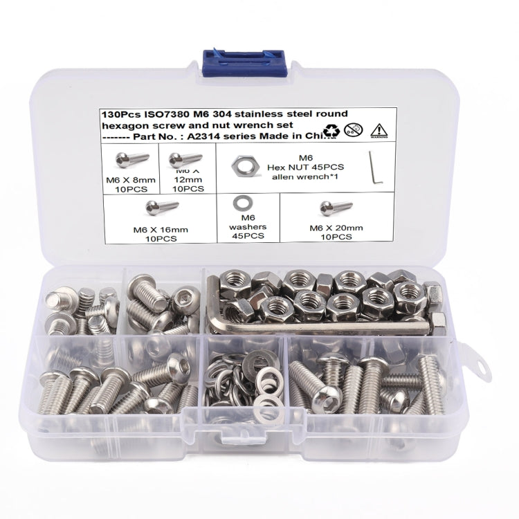 130 PCS 304 Stainless Steel Screws and Nuts M6 Hex Socket Head Cap Screws Gasket Wrench Assortment Set Kit - In Car by buy2fix | Online Shopping UK | buy2fix