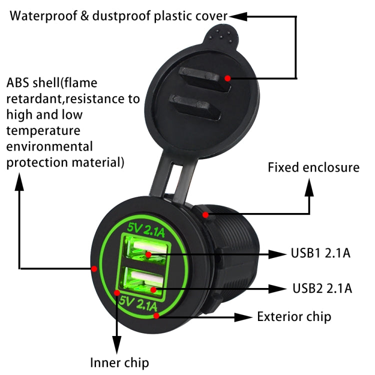 Universal Car Dual USB Charger Power Outlet Adapter 4.2A 5V IP66 with Aperture + 60cm Cable(Green Light) - Car Charger by buy2fix | Online Shopping UK | buy2fix