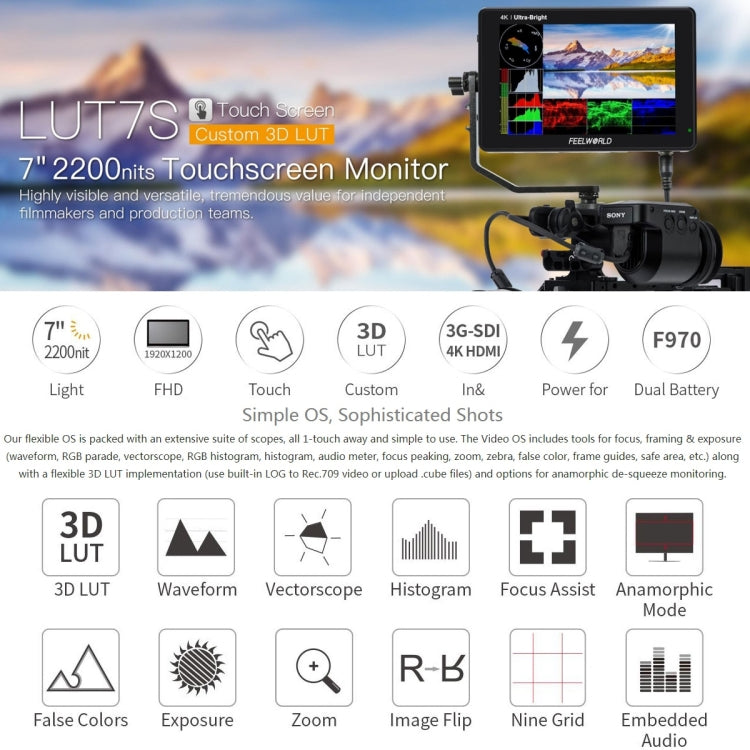 FEELWORLD LUT7S 1920x1200 2200 nits 7 inch IPS Screen HDMI 4K Touch Screen Camera Field Monitor - Camera Accessories by FEELWORLD | Online Shopping UK | buy2fix