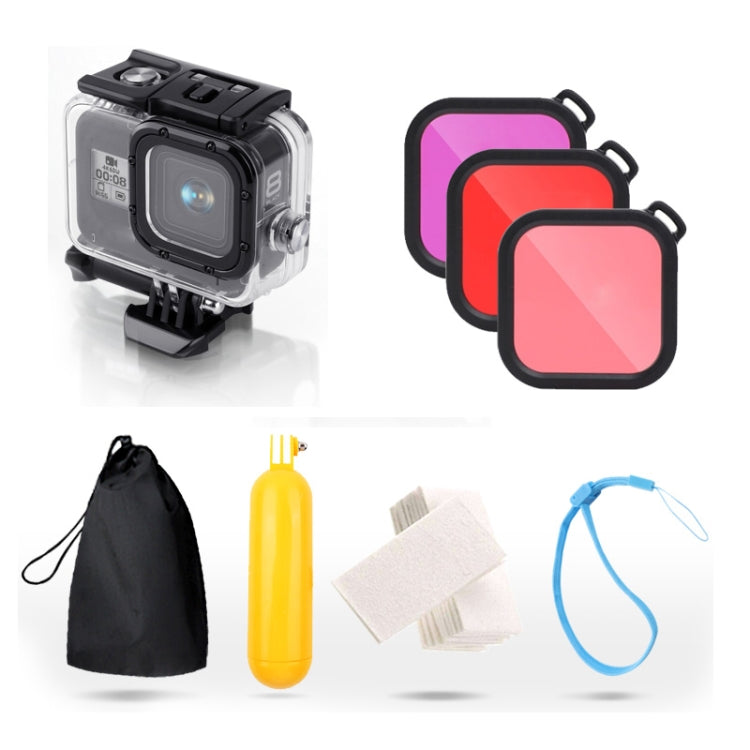 For GoPro HERO8 Black 45m Waterproof Housing Protective Case with Buckle Basic Mount & Screw & (Purple, Red, Pink) Filters & Floating Bobber Grip & Strap & Anti-Fog Inserts (Transparent) - DJI & GoPro Accessories by buy2fix | Online Shopping UK | buy2fix