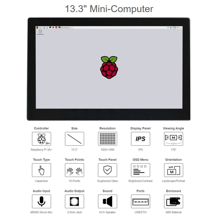 Waveshare 13.3 inch Mini-Computer Powered by Raspberry Pi 3A+, HD Touch Screen(UK Plug) - Modules Expansions Accessories by WAVESHARE | Online Shopping UK | buy2fix