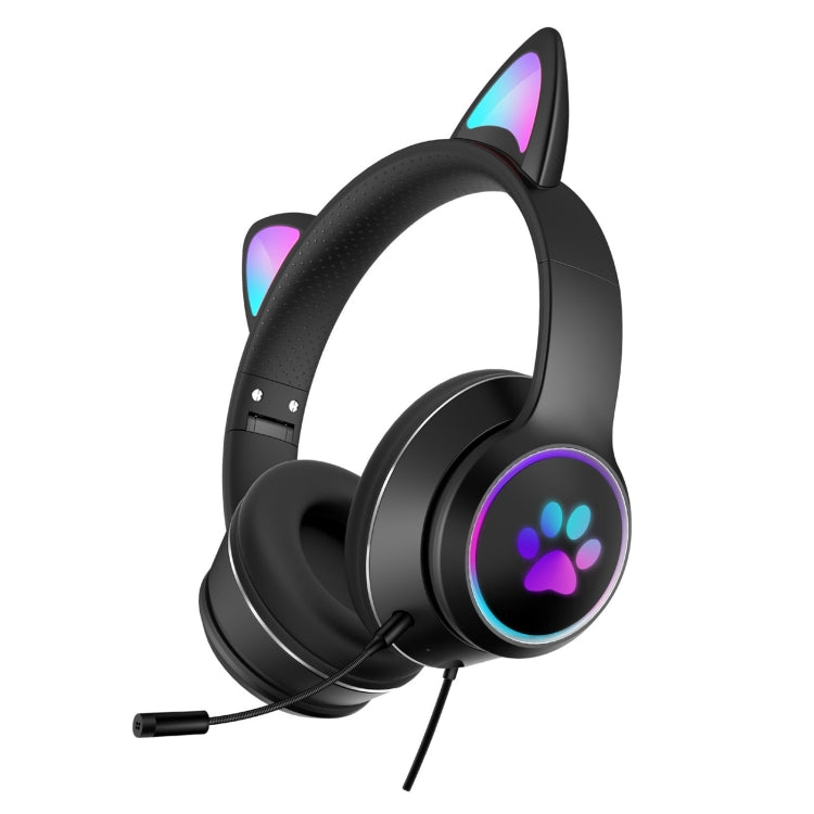 AKZ-022 USB + 3.5mm Port Cat Ear Design Foldable LED Headset with Mic(Black) - Multimedia Headset by buy2fix | Online Shopping UK | buy2fix
