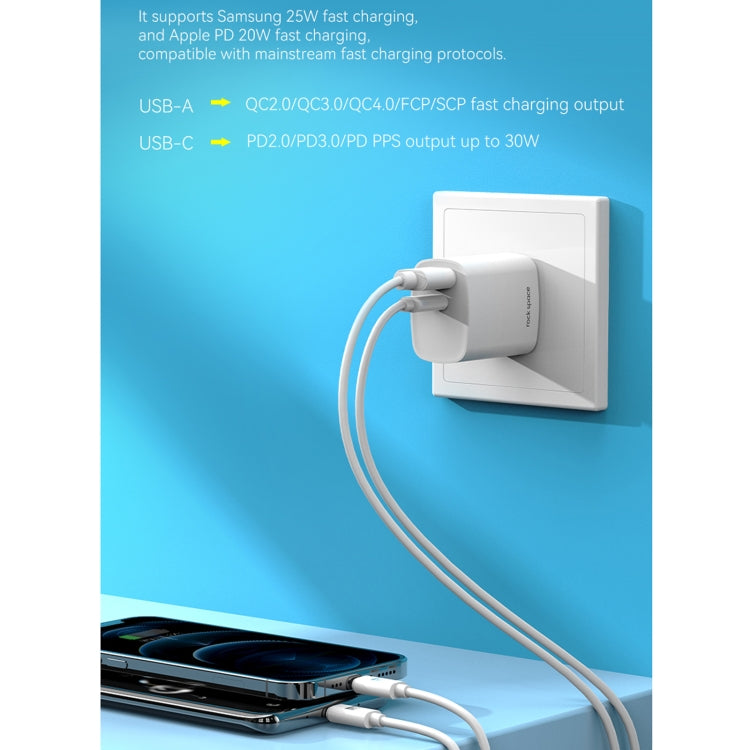 ROCK T51 30W Type-C / USB-C + USB PD Dual Ports Fast Charging Travel Charger Power Adapter, EU Plug(White) - USB Charger by ROCK | Online Shopping UK | buy2fix