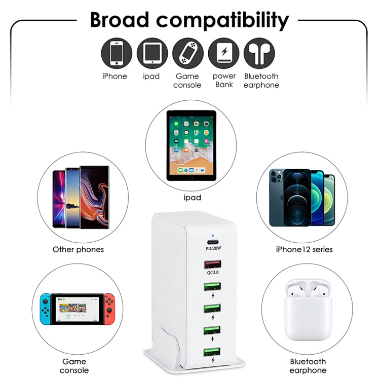 6 in 1 65W PD USB-C / Type-C + QC 3.0 USB + 4 USB Multi-port Travel Charger, US Plug(White) - Mobile Accessories by buy2fix | Online Shopping UK | buy2fix